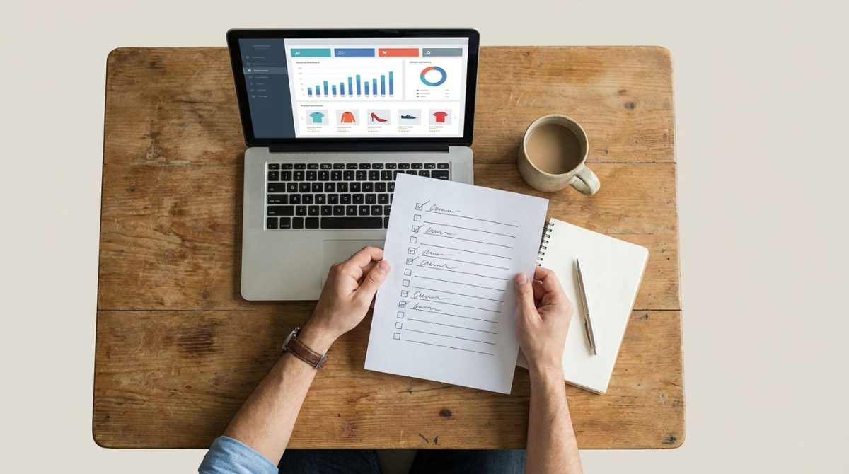 A small business owner at a wooden desk reviewing a printed checklist next to a laptop showing an online shop dashboard