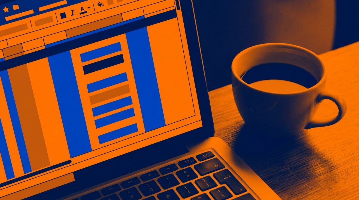A laptop screen showing a Google Merchant Center product feed spreadsheet with a column of custom labels reading hero, mid and longtail, next to a cup of coffee on a desk