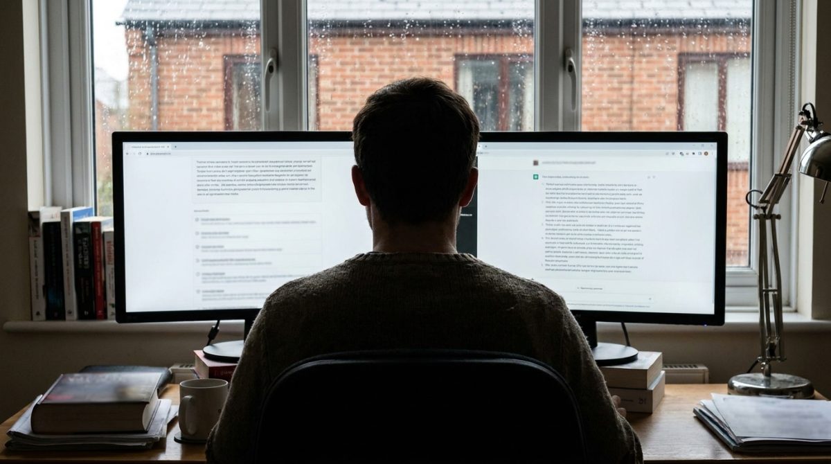 A person at a desk in a small UK office looking at two browser windows side by side, one showing a Google search results page with AI Overview at the top and another showing a ChatGPT search response, both displaying answers without the user clicking any links