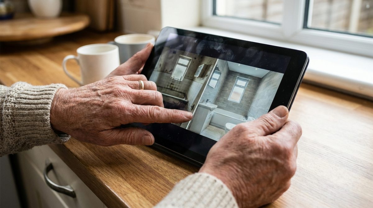 A tradesperson showing a before-and-after comparison of a bathroom renovation job on a tablet screen to a homeowner in a kitchen
