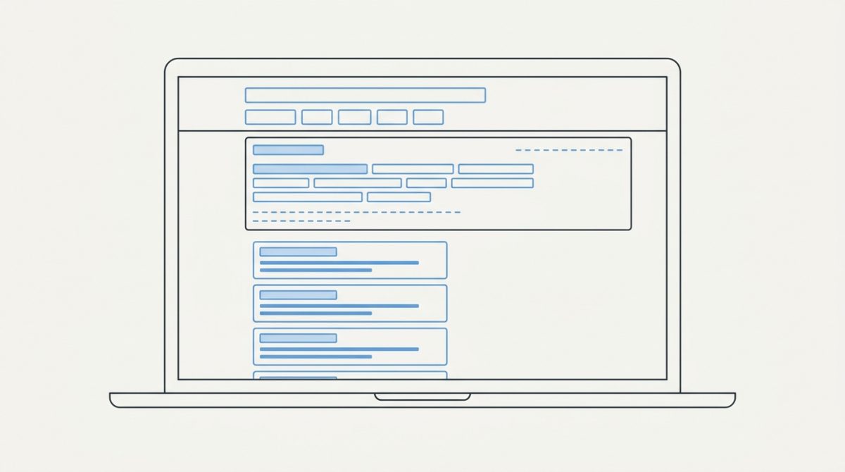 A close-up of a laptop screen showing a Google search results page with an AI Overview summary box at the top, above the organic blue links