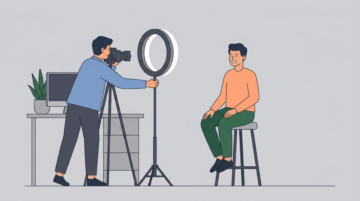A professional headshot being taken in a small UK office, with a photographer adjusting a ring light while the subject sits in front of a plain background