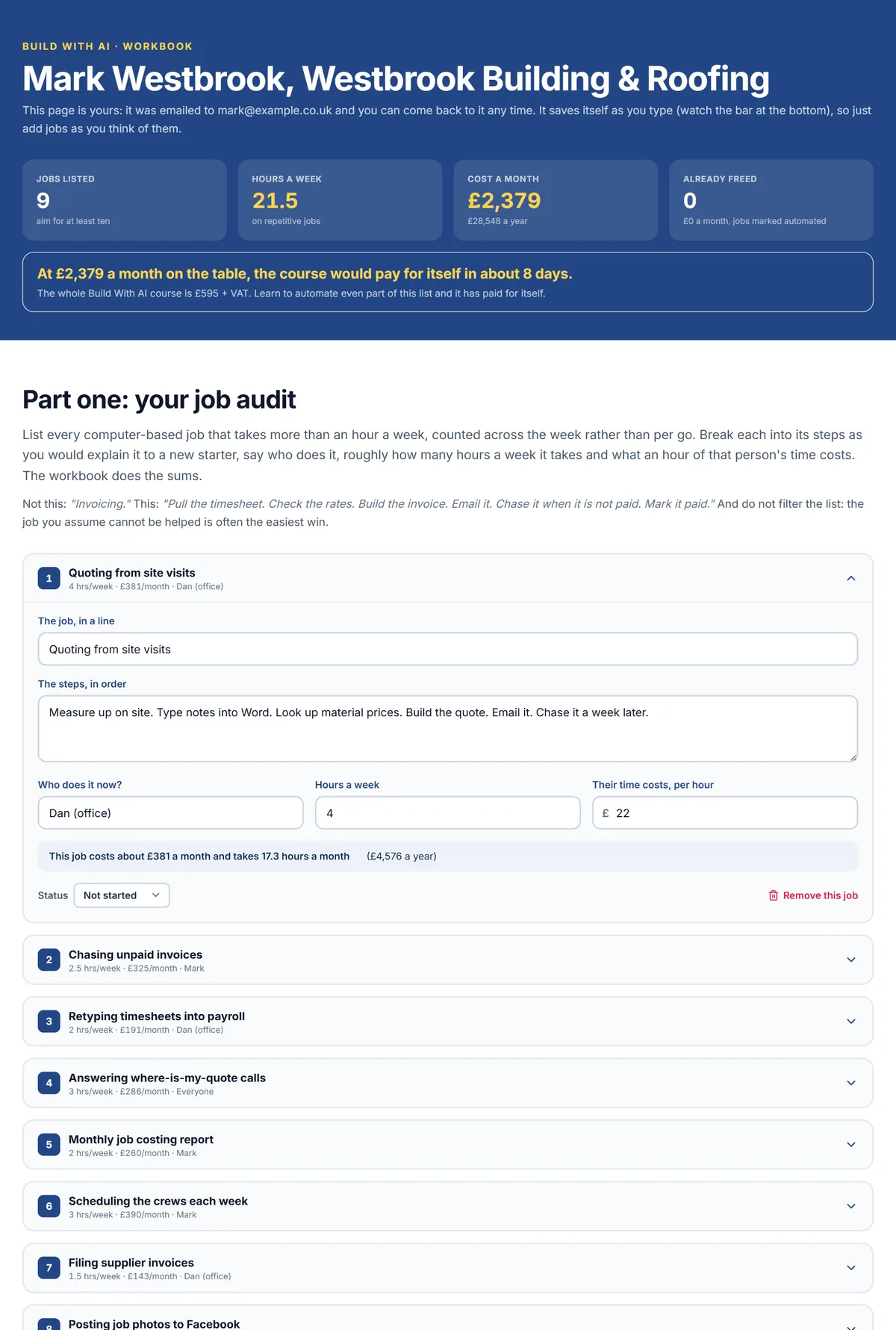 A filled-in Build With AI workbook for a small building firm, showing nine jobs costing £2,379 a month