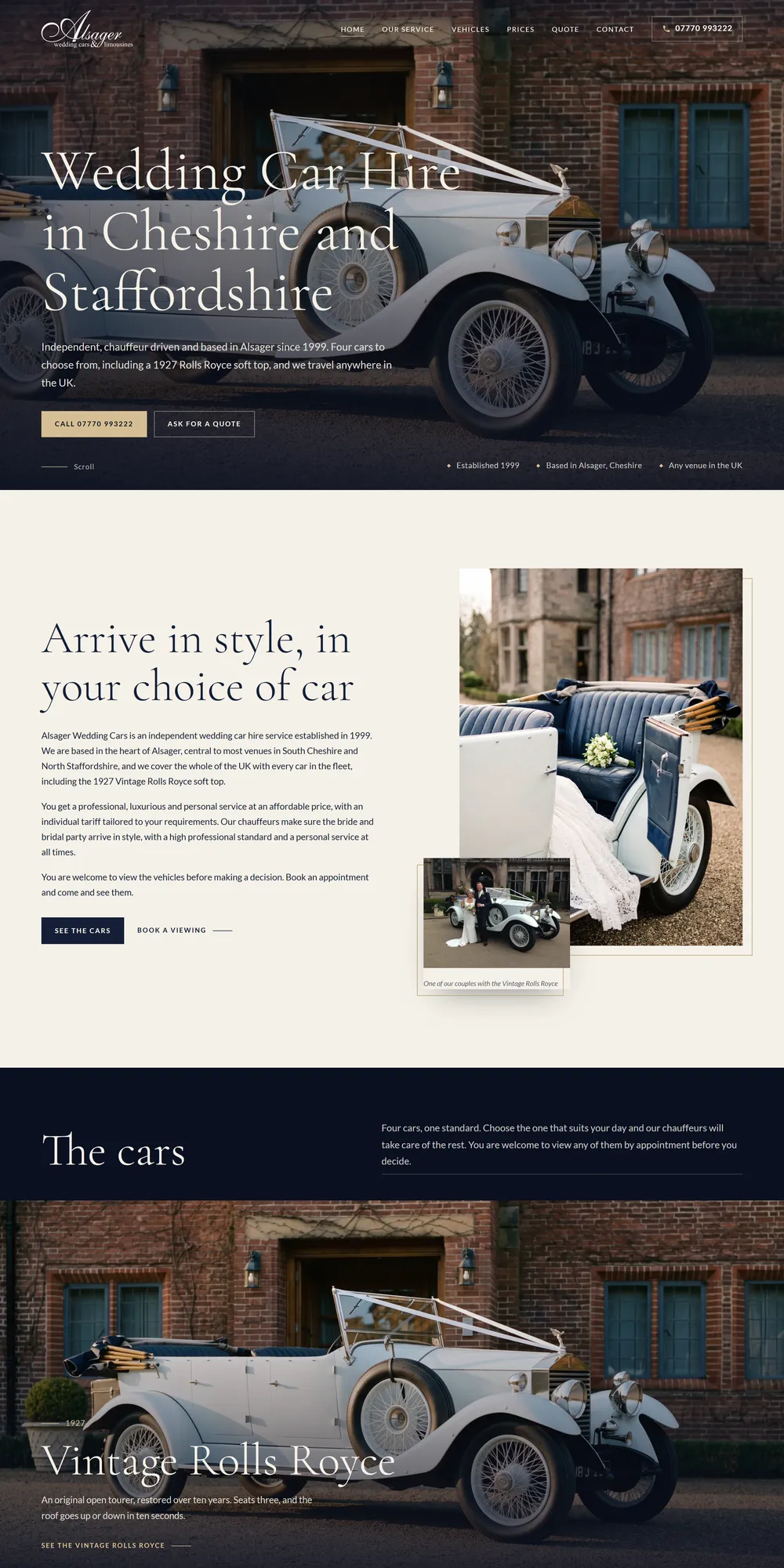 The homepage design we produced for Alsager Wedding Cars