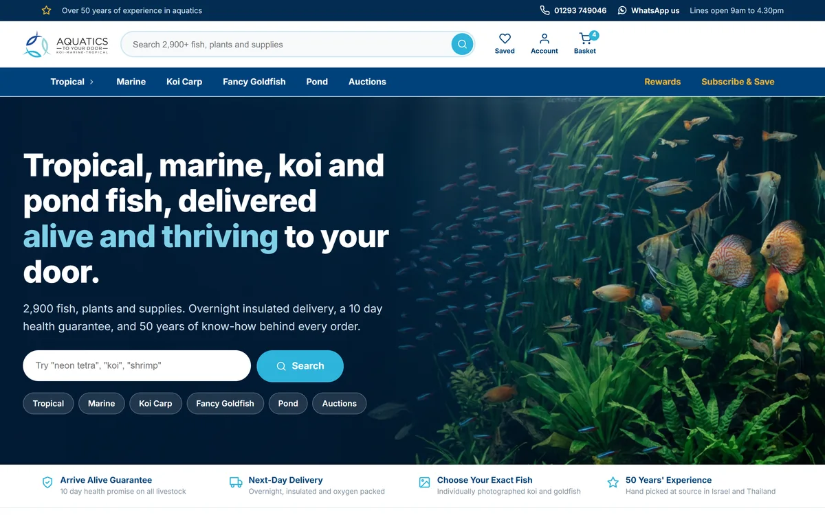 The homepage design we produced for Aquatics To Your Door