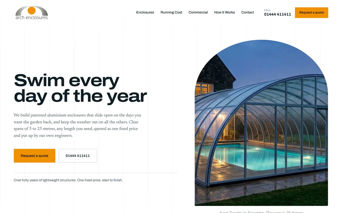 The homepage design we produced for Arch Enclosures