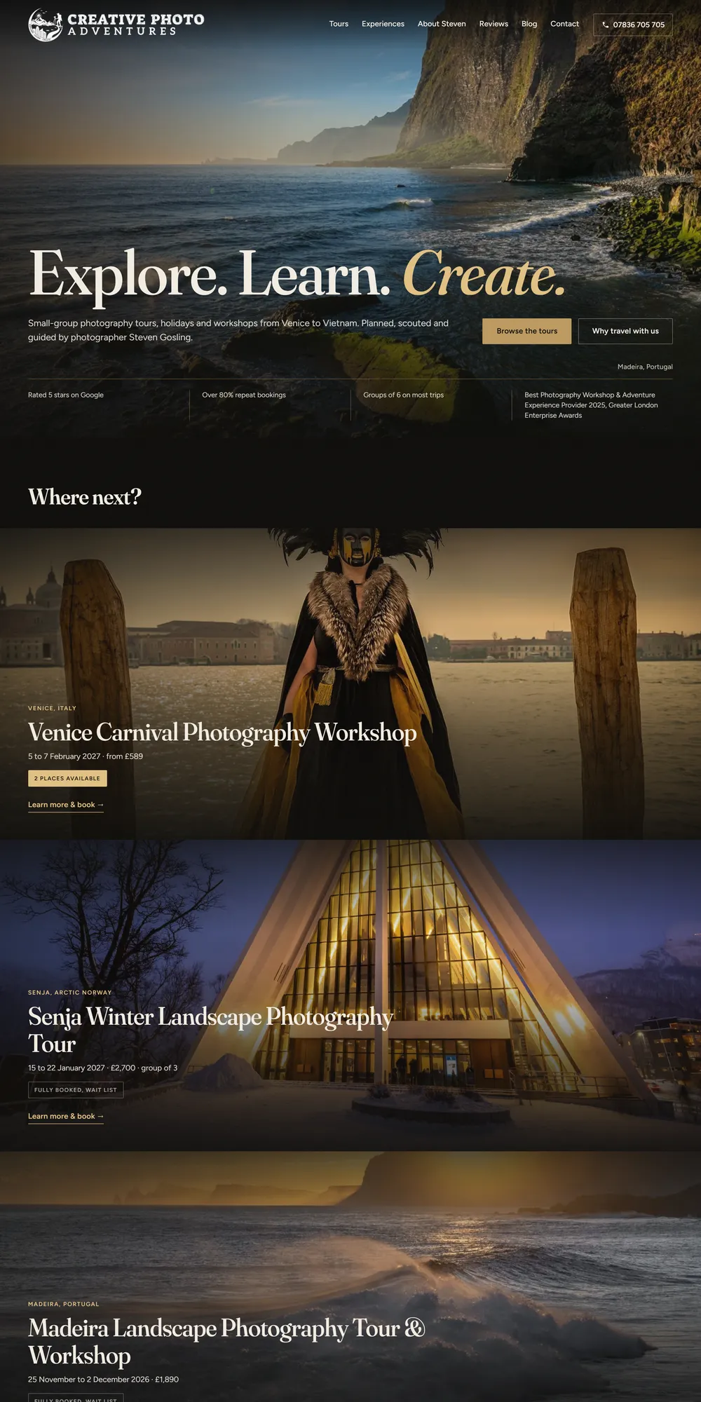 The homepage design we produced for Creative Photo Adventures