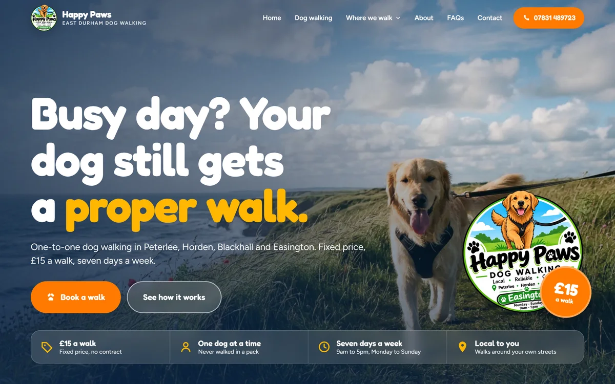 The homepage design we produced for Happy Paws Dog Walking