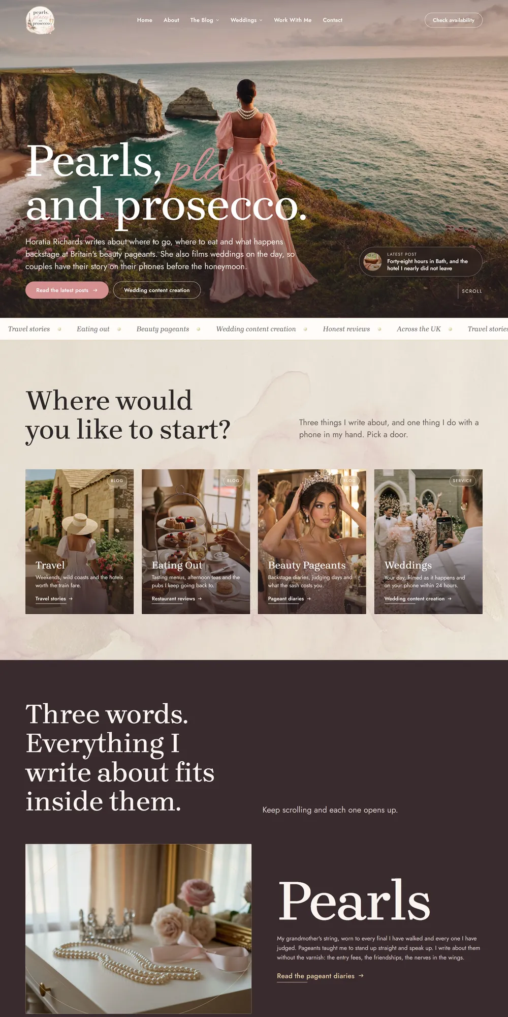 The homepage design we produced for Pearls, Places and Prosecco