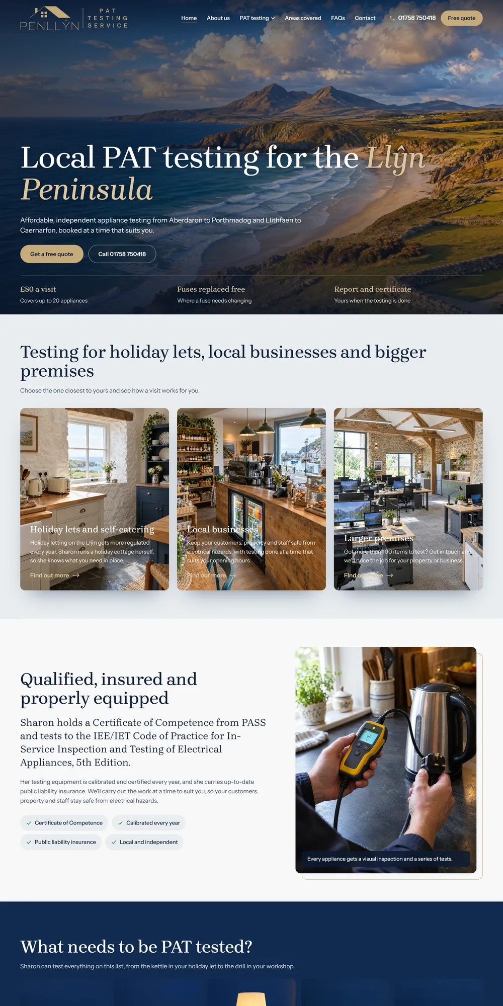 The homepage design we produced for Penllŷn PAT Testing