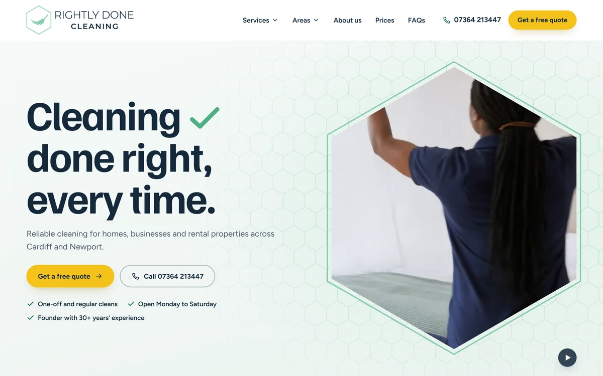 The homepage design we produced for Rightly Done Cleaning