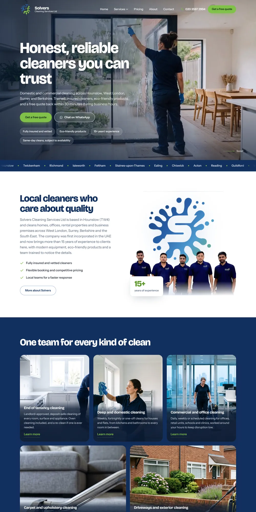 The homepage design we produced for Solvers Cleaning Services