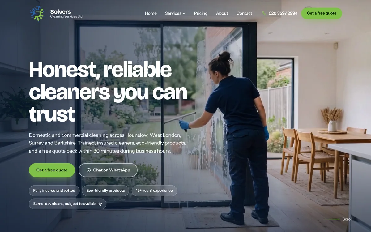 The homepage design we produced for Solvers Cleaning Services