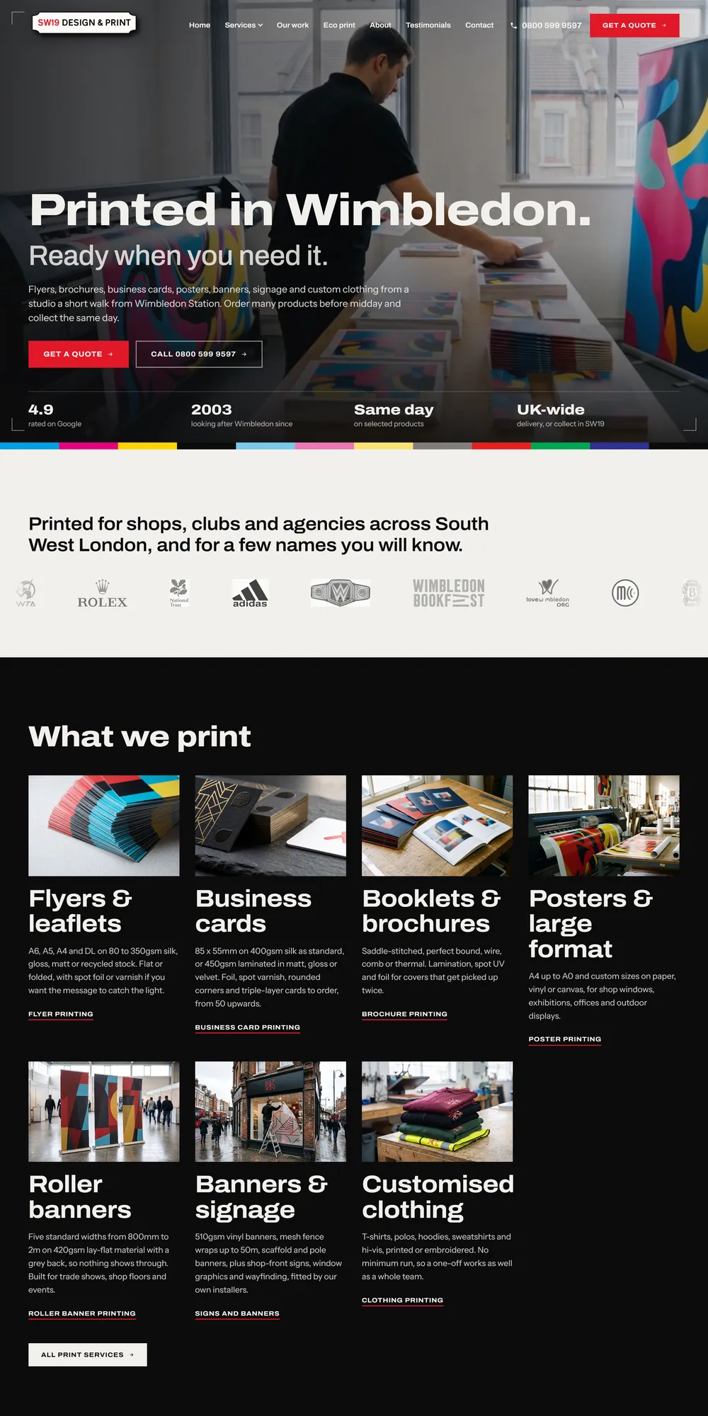 The homepage design we produced for SW19 Design & Print