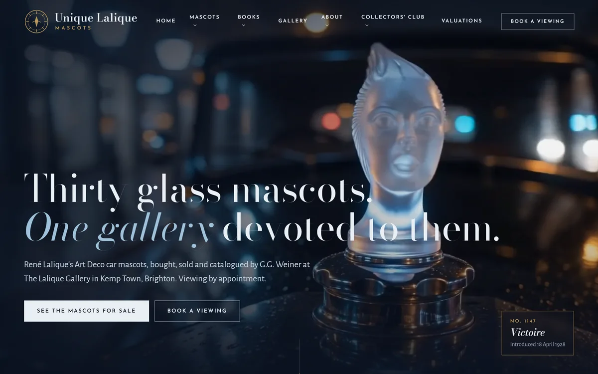 The homepage design we produced for Unique Lalique Mascots
