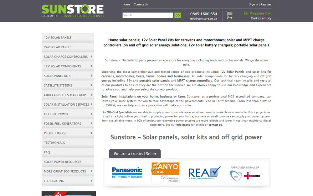 Sunstore Solar homepage as it was before we redesigned it