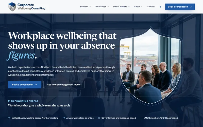 The Corporate Wellbeing Consulting homepage, designed and built by Samson Web Design