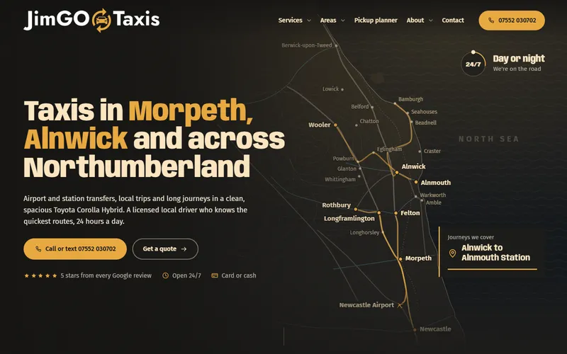 The JimGO Taxis homepage, designed and built by Samson Web Design