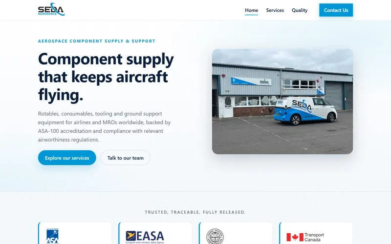 The Seda Aerospace homepage, designed and built by Samson Web Design