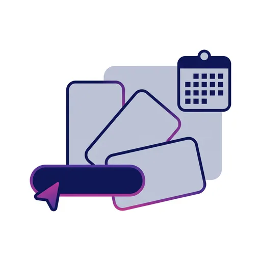 A search bar with topic cards fanned out on a planning board