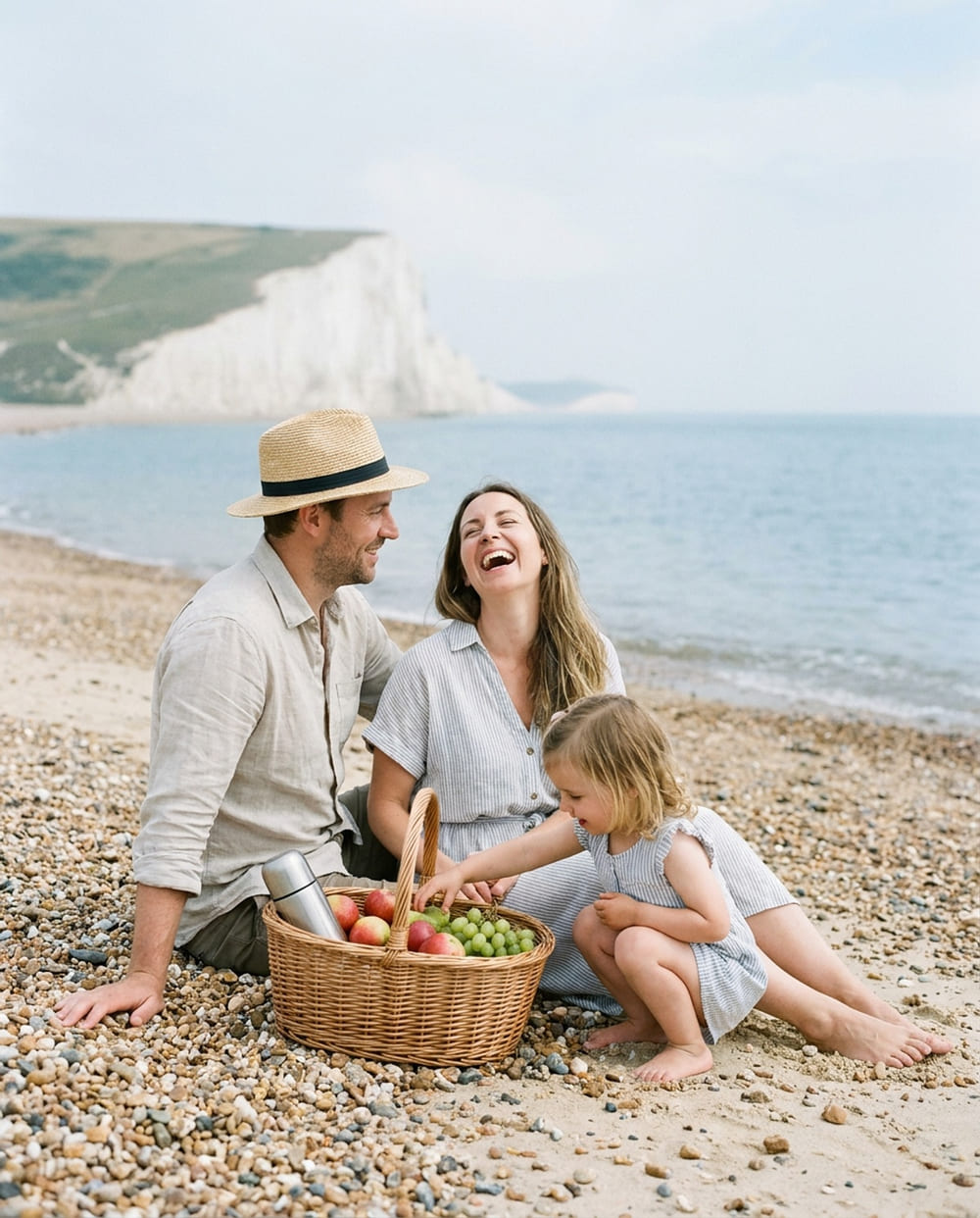 A family sitting together on a Sussex shingle beach with a picnic basket