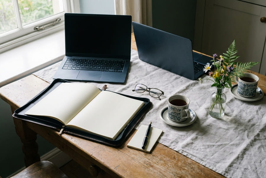 A kitchen table laid out for a meeting, with a folder, a pen, reading glasses and two cups of tea