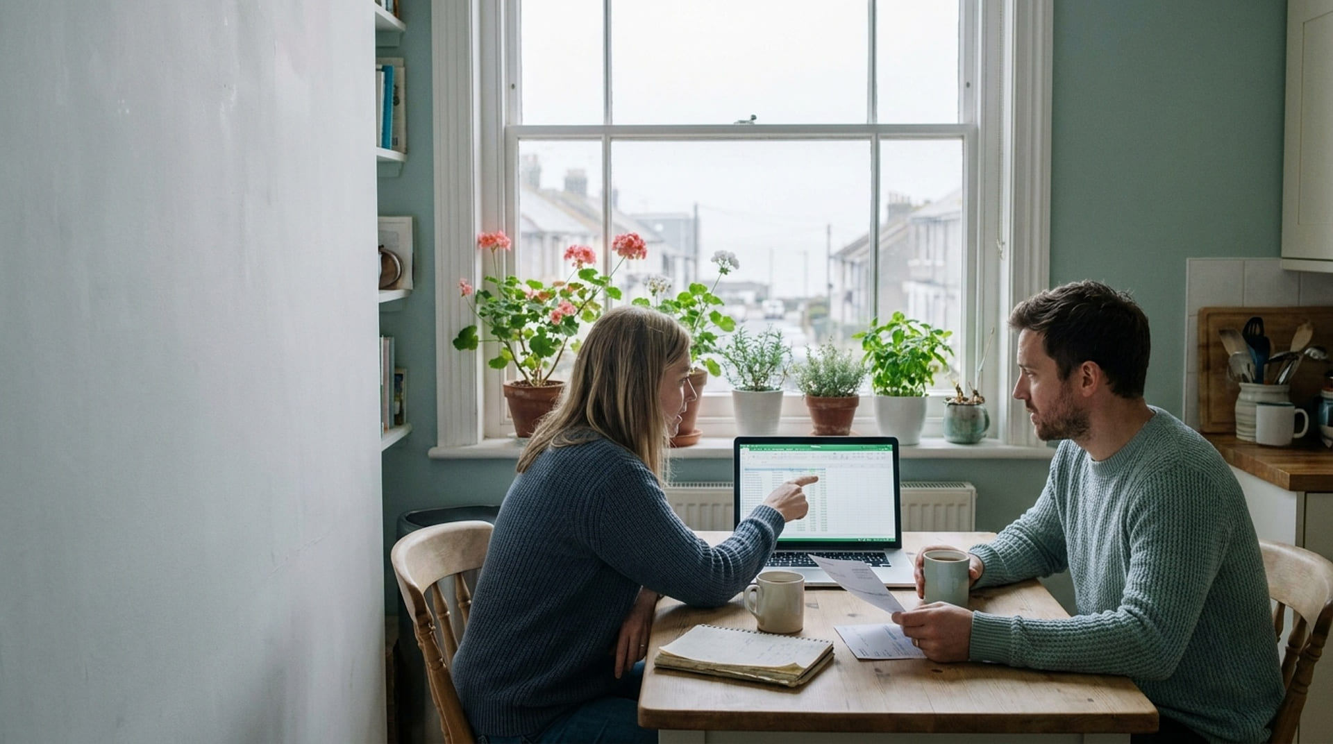 A couple at a kitchen table going through paperwork on a laptop