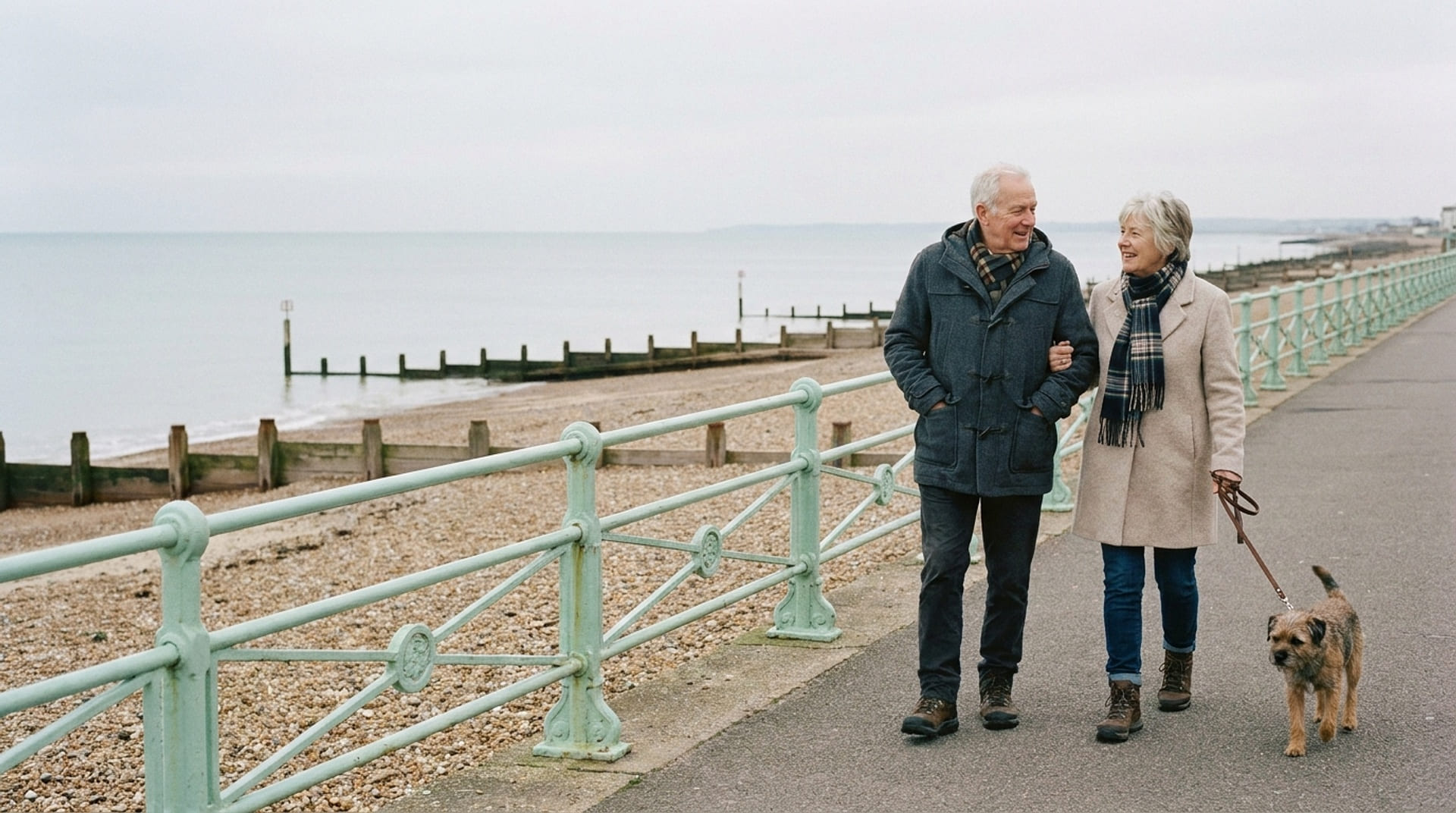 A retired couple walking their dog along the Worthing seafront promenade