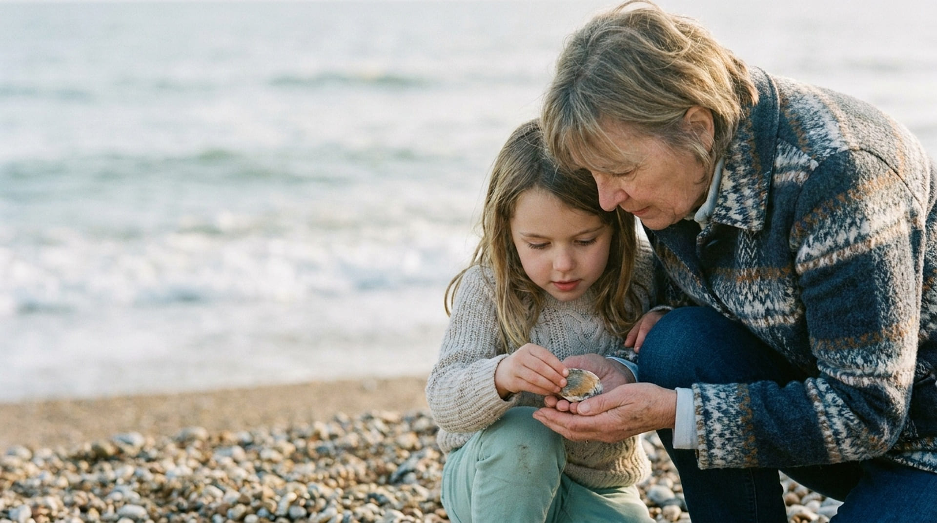 A grandmother and her granddaughter looking at a shell on the beach