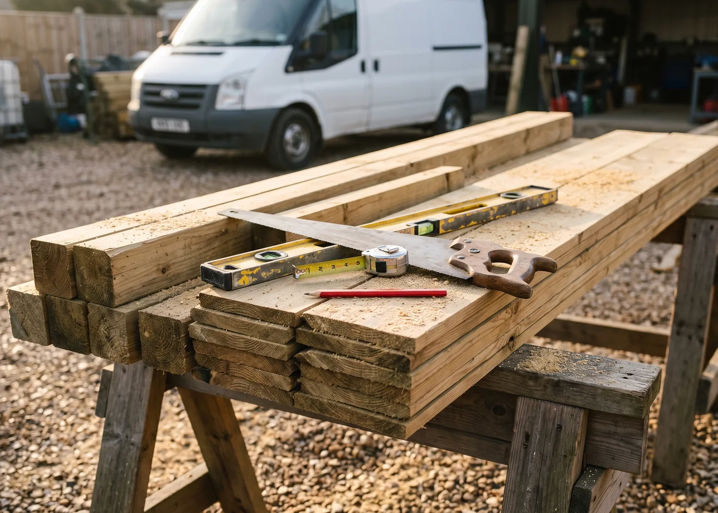 Stack of tanalised fence posts with a saw, spirit level and tape measure in a fencing yard