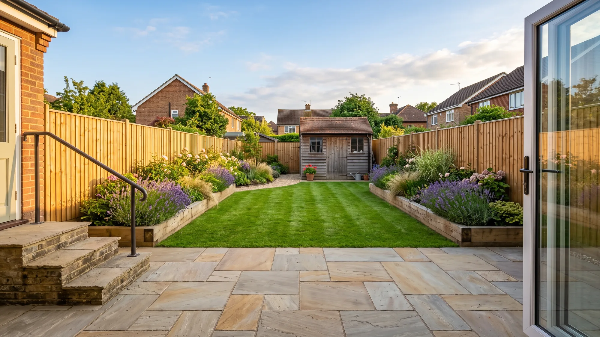 The same garden finished, with new closeboard fencing, a sandstone patio, lawn and planted sleeper beds