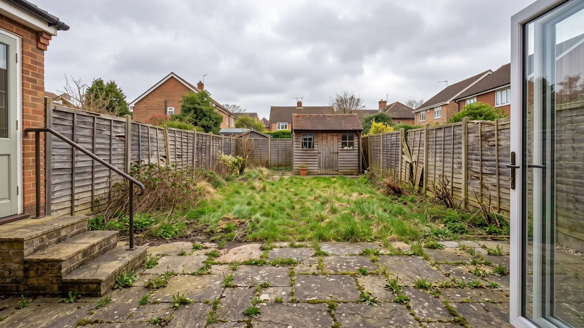 A tired rear garden with rotten leaning fence panels, cracked slabs and an overgrown lawn