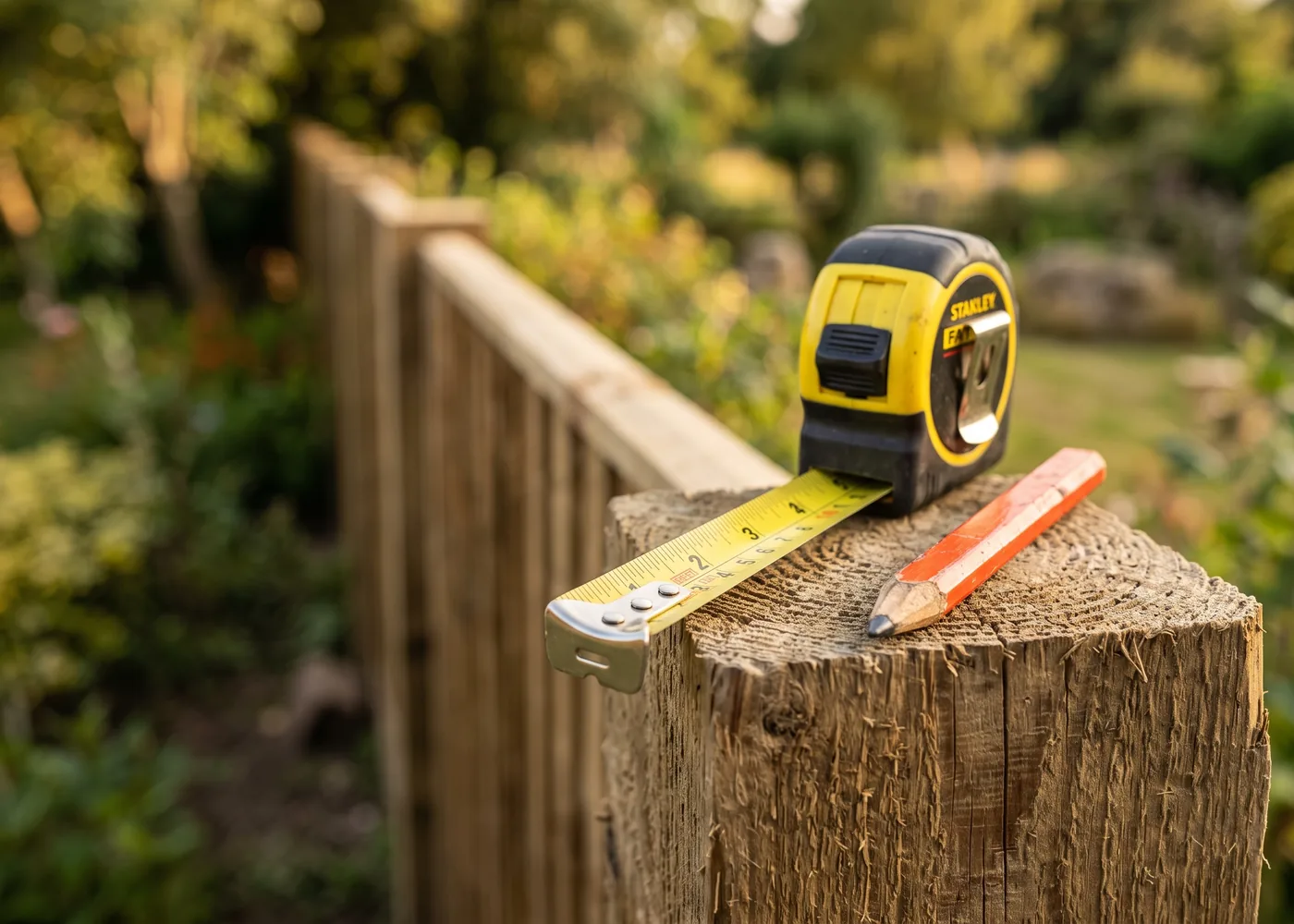 Tape measure and pencil resting on a new fence post