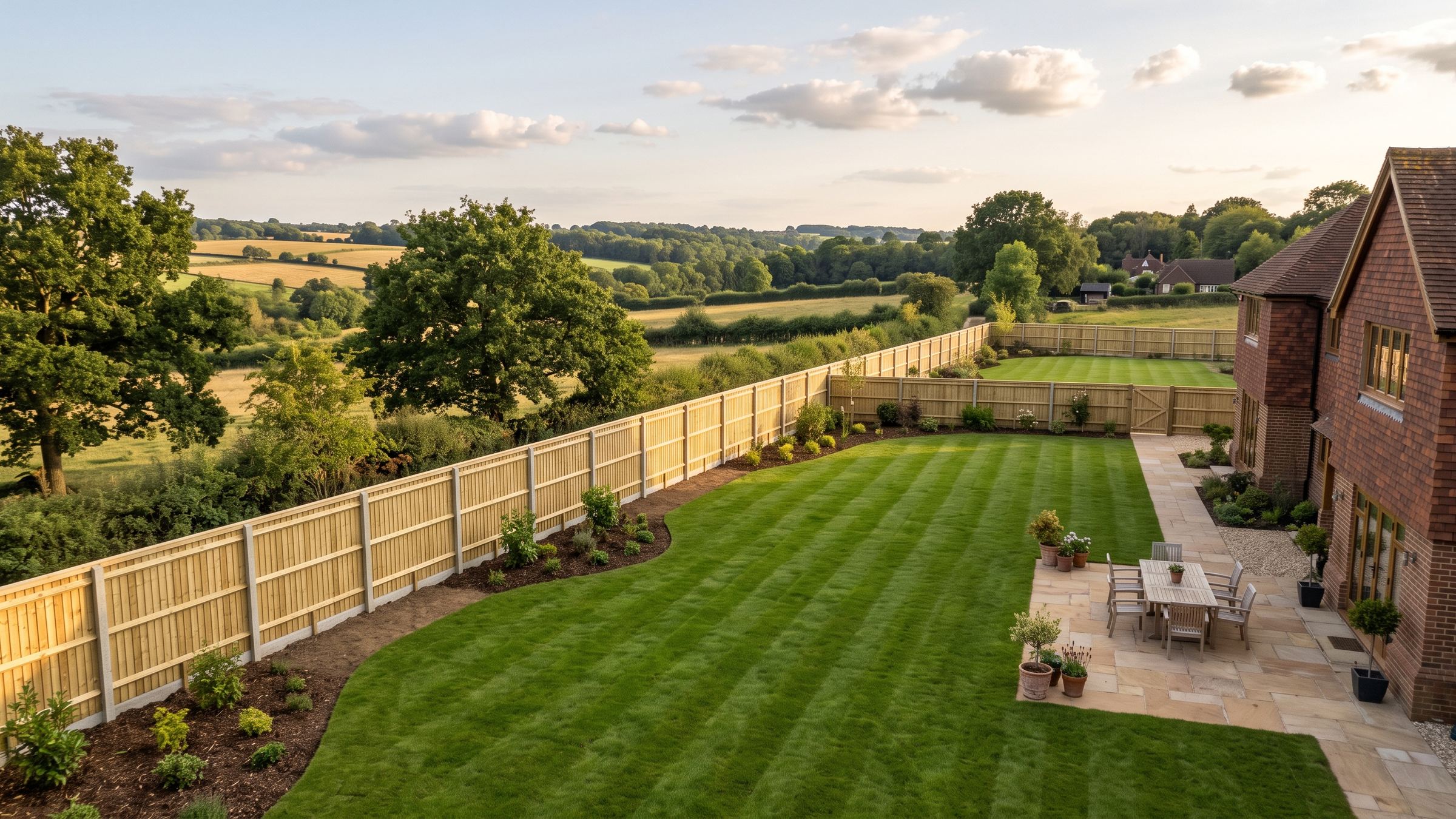 A newly built closeboard fence running along a lawn towards a brick house, with Sussex fields beyond
