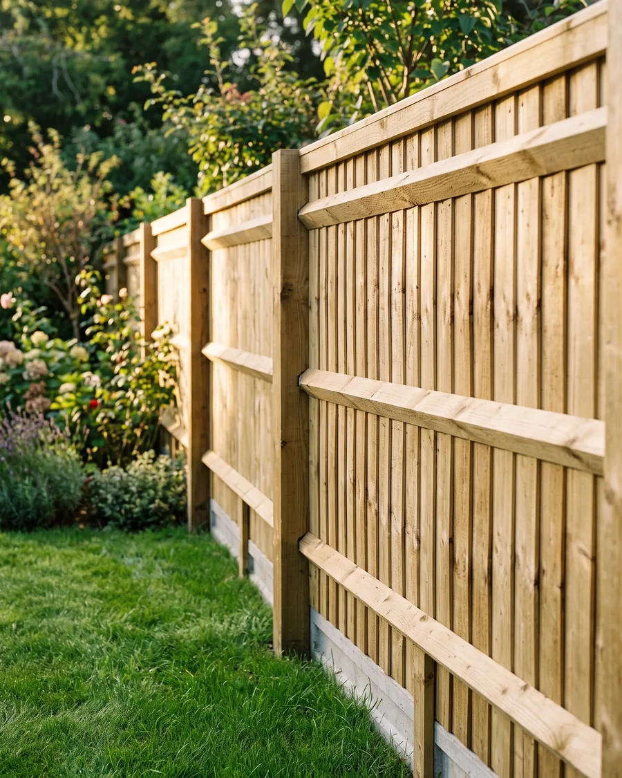 New closeboard fence in fresh tanalised timber lit by low sun