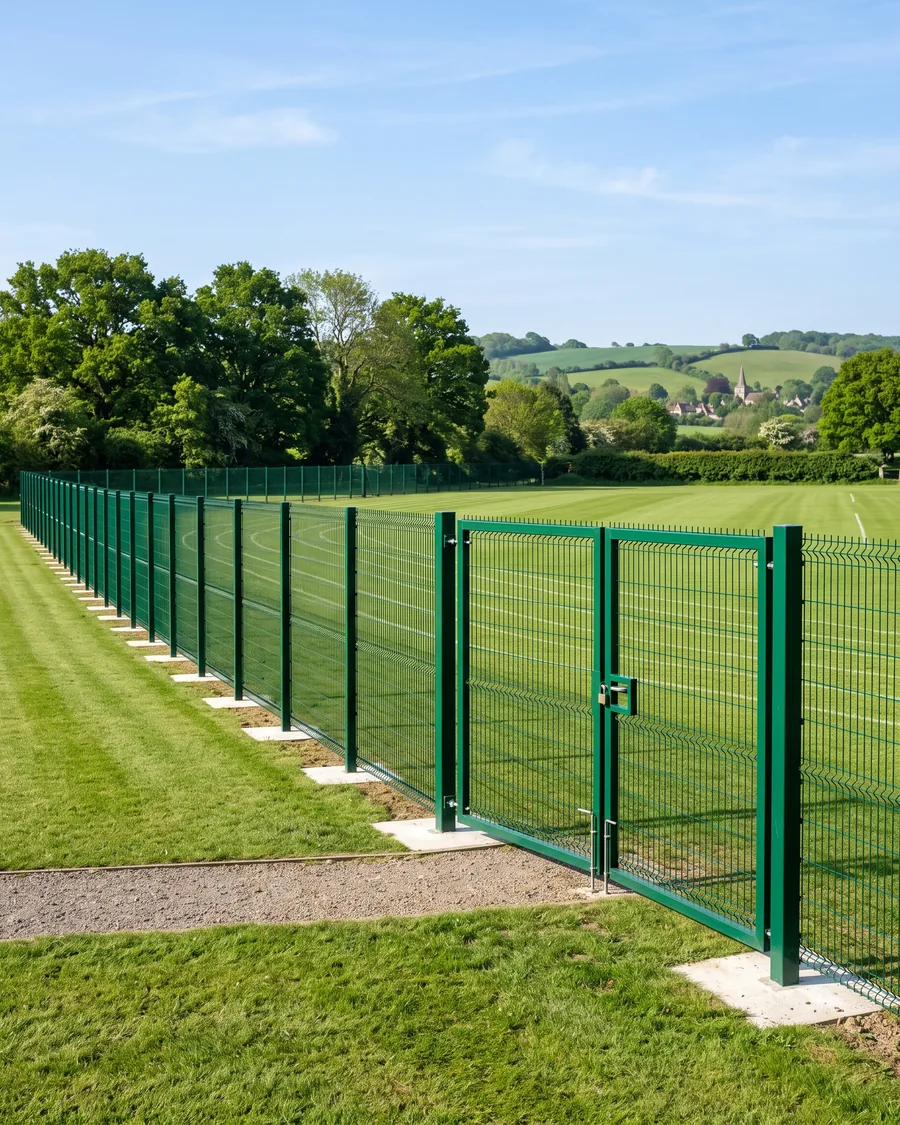 Green steel mesh security fencing and gate around a school field