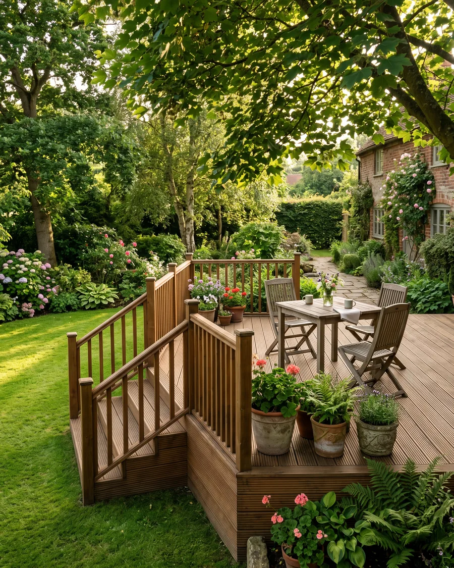 Raised timber deck with balustrade and steps in a leafy garden