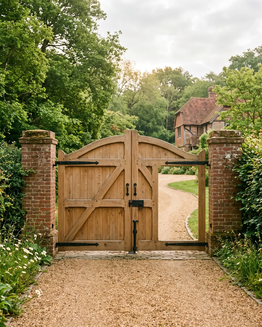 Pair of oak driveway gates between brick piers