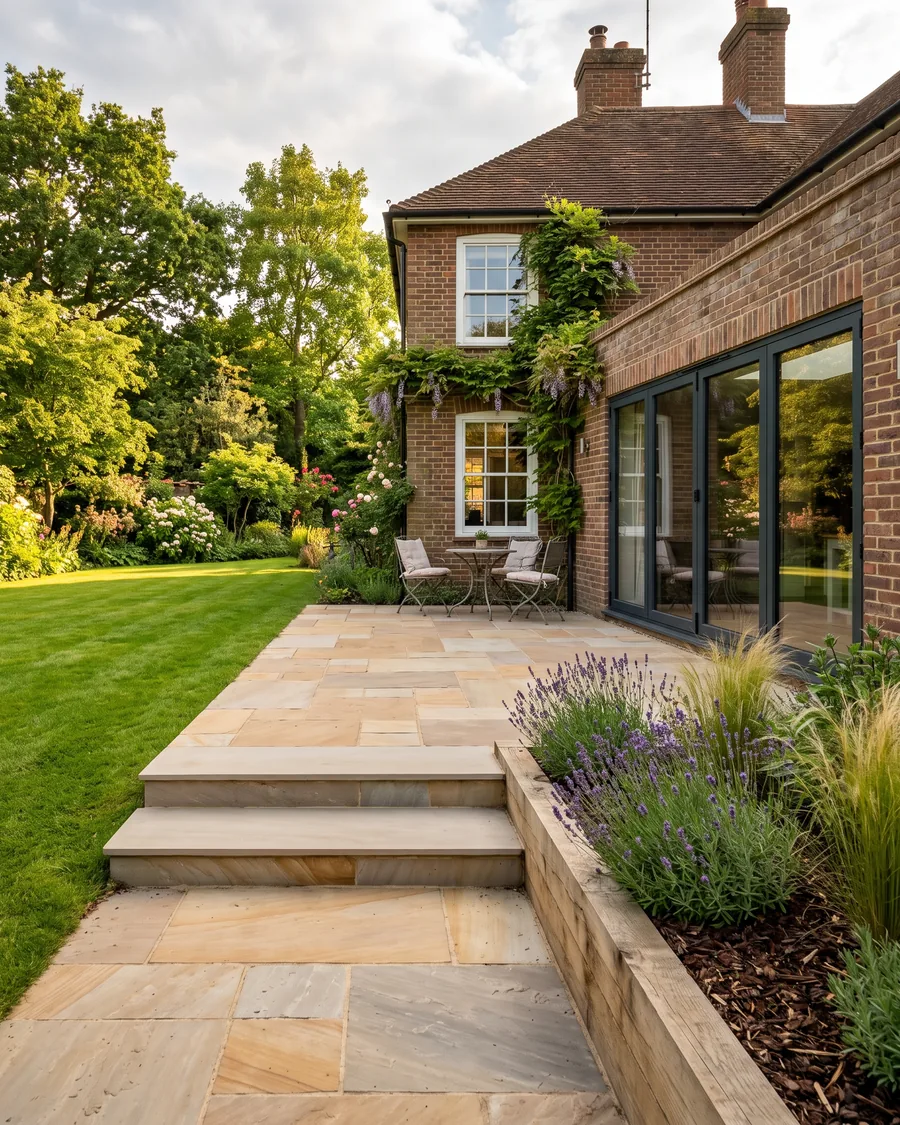 Newly laid sandstone patio with steps and lavender border