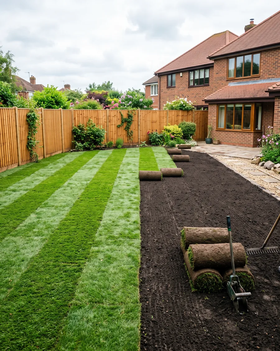 Fresh turf half laid across prepared topsoil in a rear garden