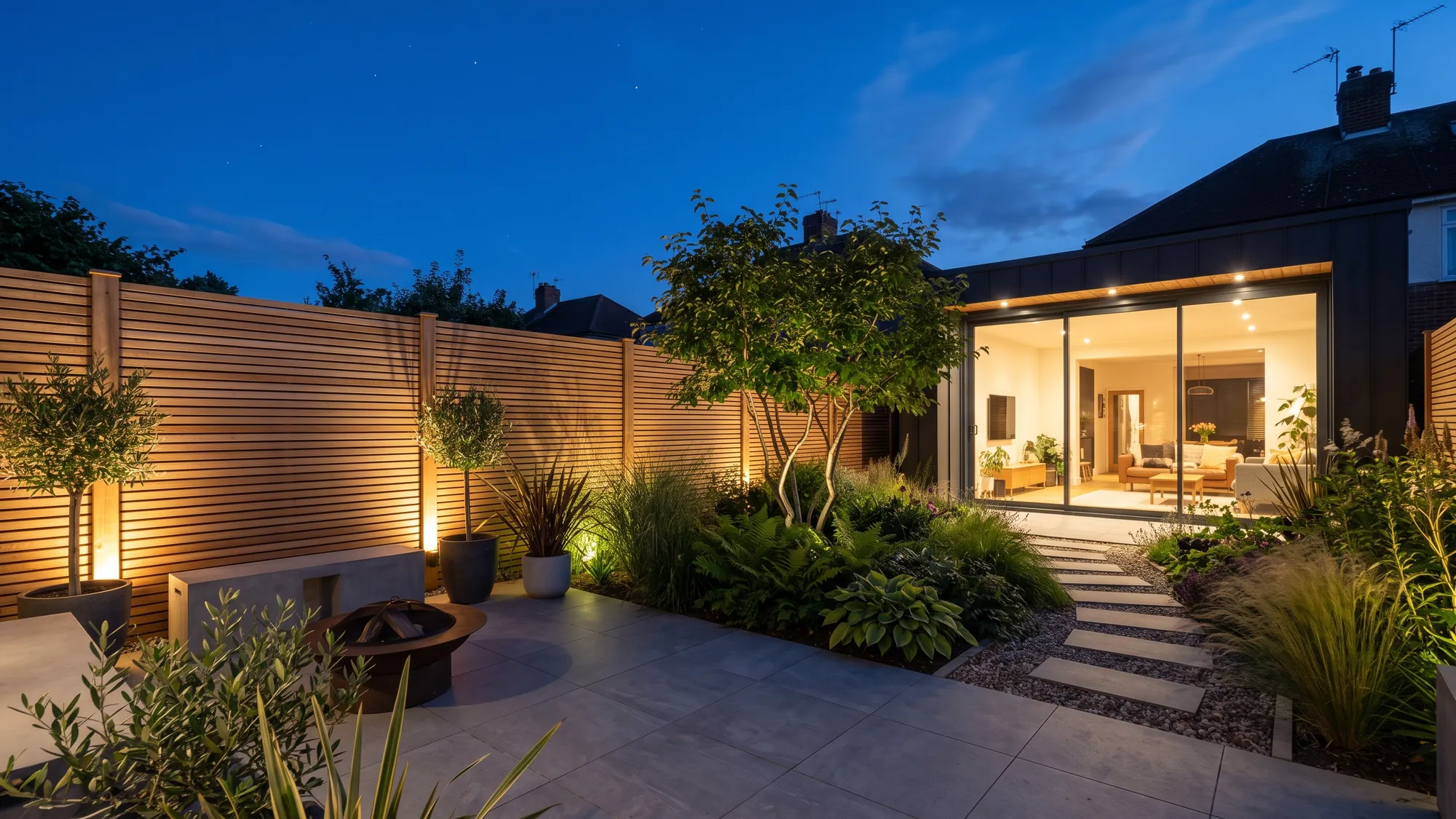 Horizontal slatted cedar fence lit at dusk beside a porcelain patio