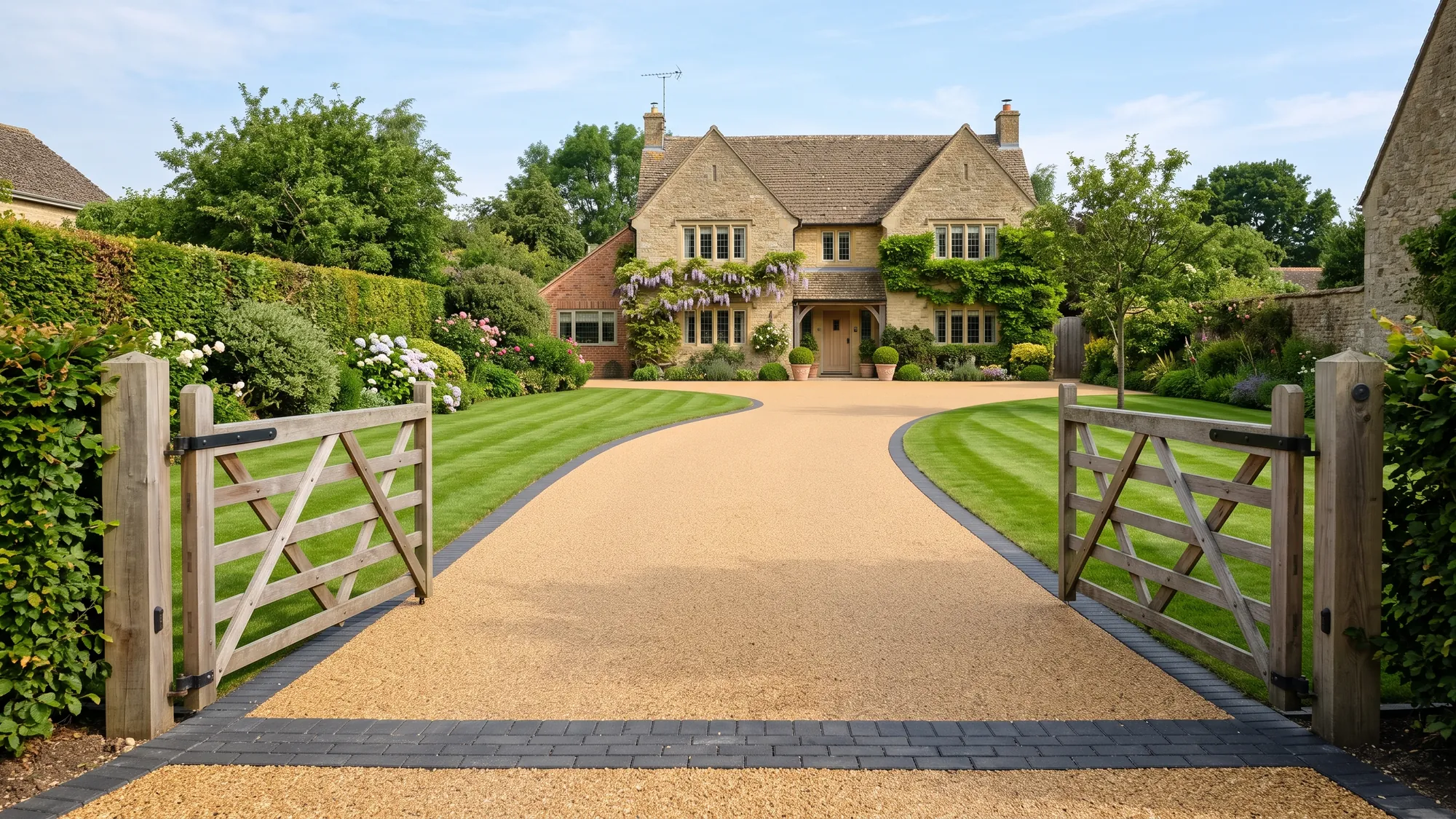 Resin bound driveway with block edging and open timber gates