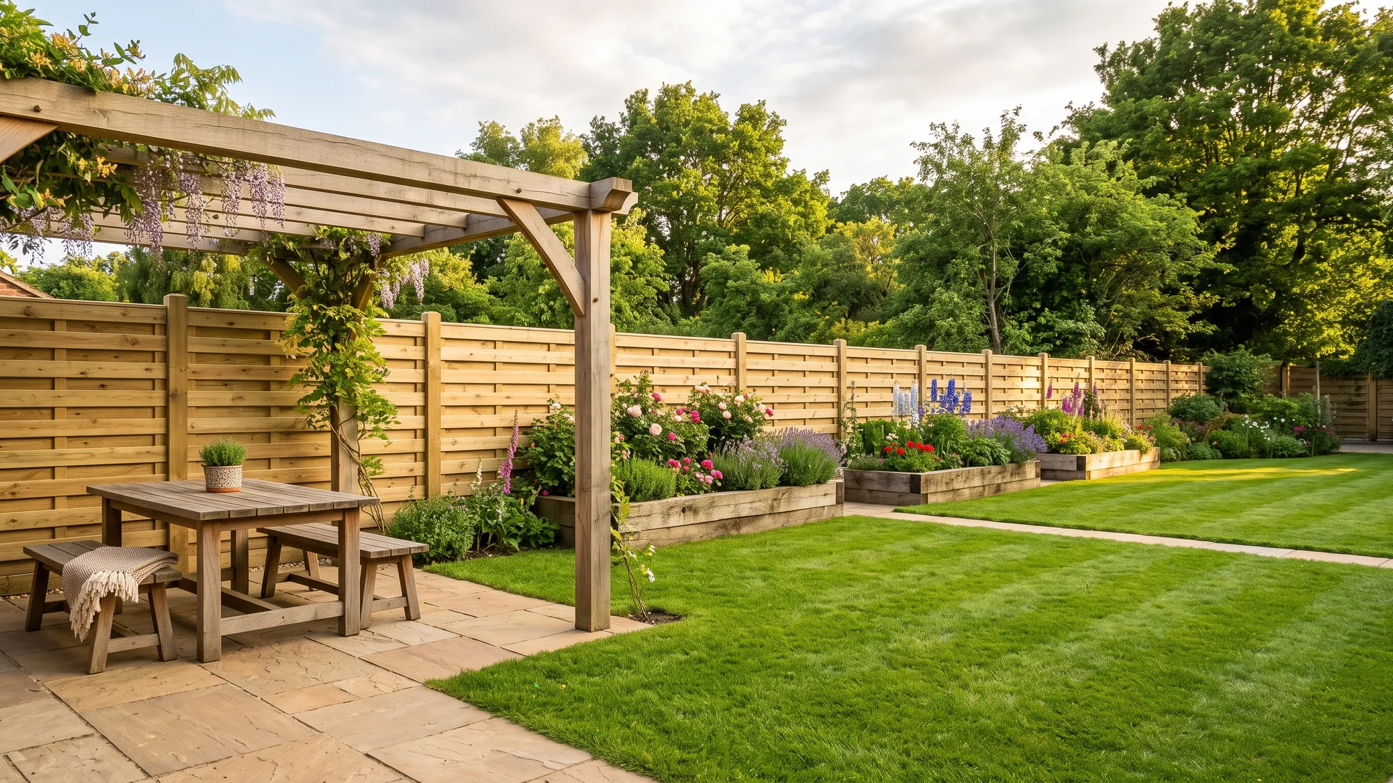 Family garden with hit-and-miss fence panels, sandstone patio and oak pergola