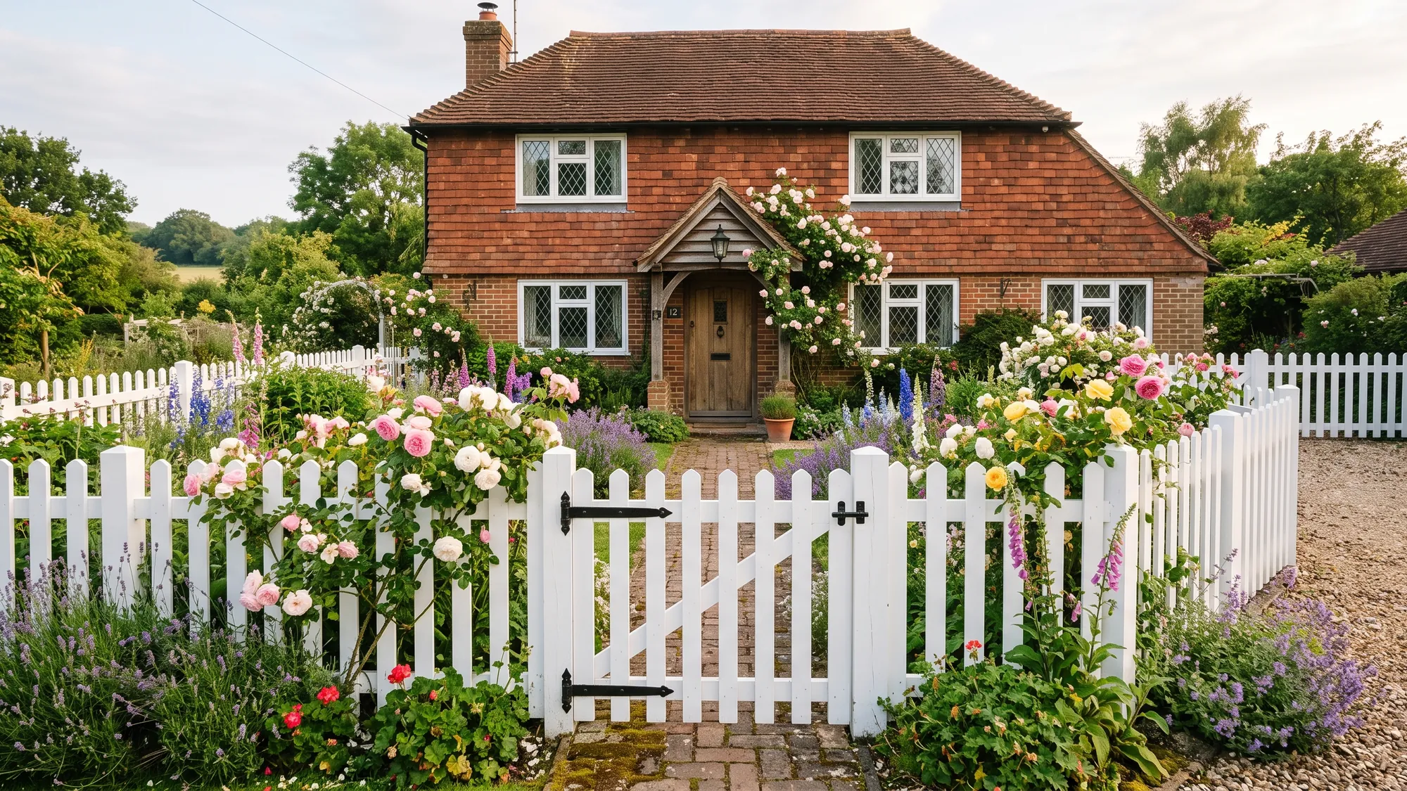 White picket fence and gate outside a red tile-hung cottage
