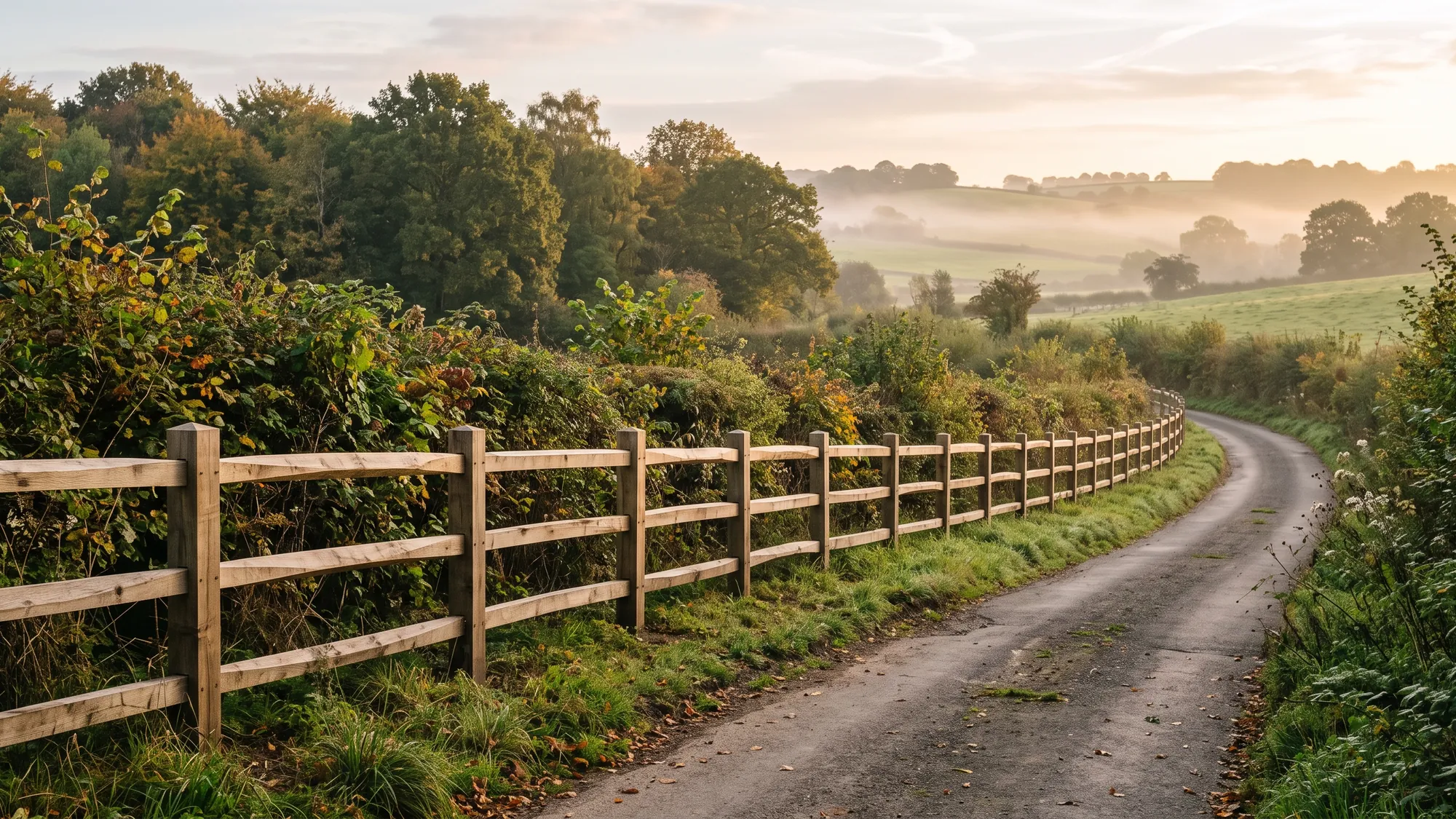 Oak post and rail fence curving along a misty country lane