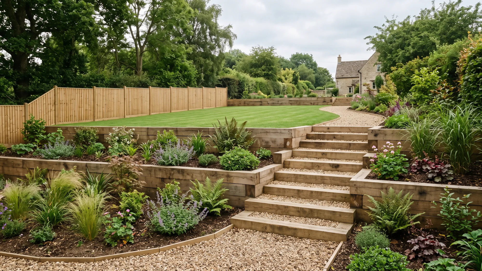 Sloping garden terraced with oak sleeper retaining walls and steps