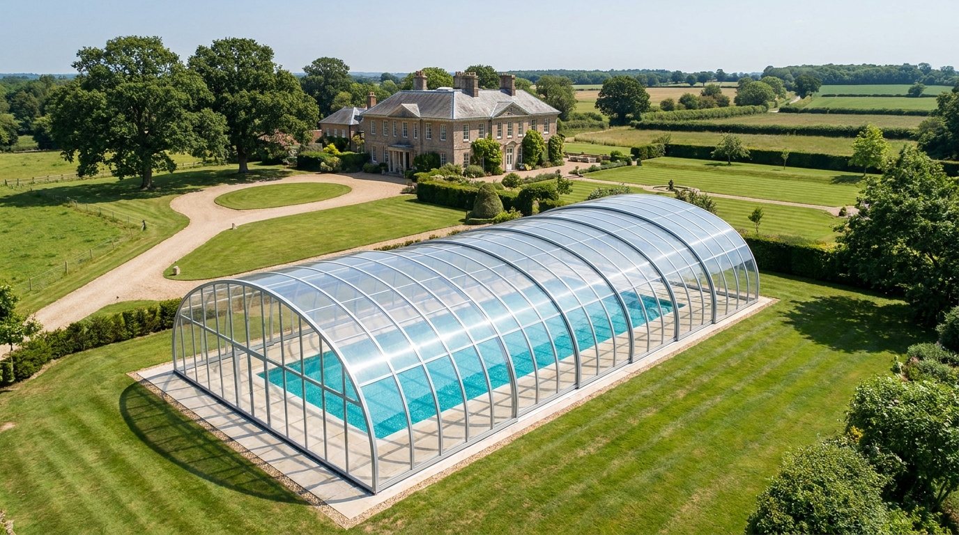 An aluminium arch enclosure covering a long pool in the grounds of a country house