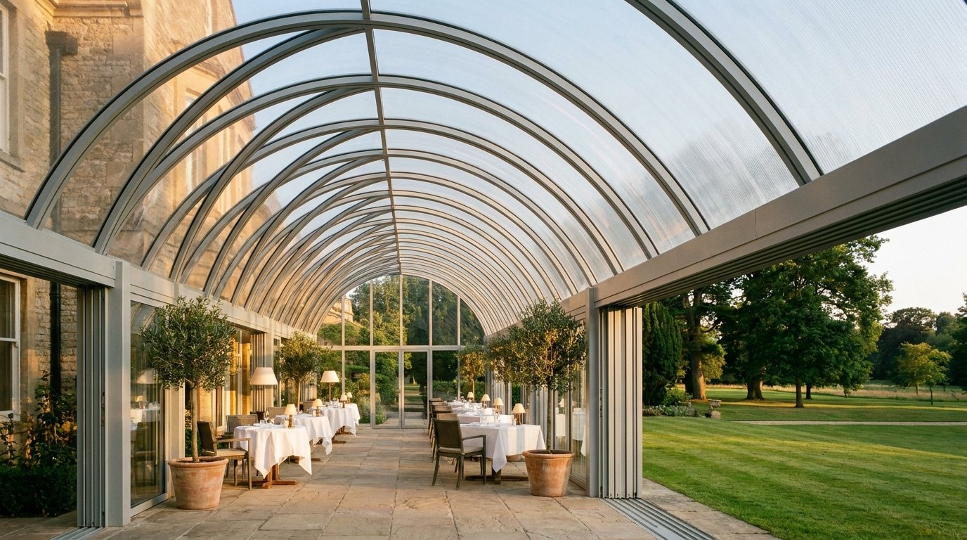 A hotel terrace restaurant under an arch enclosure, open along one side onto parkland