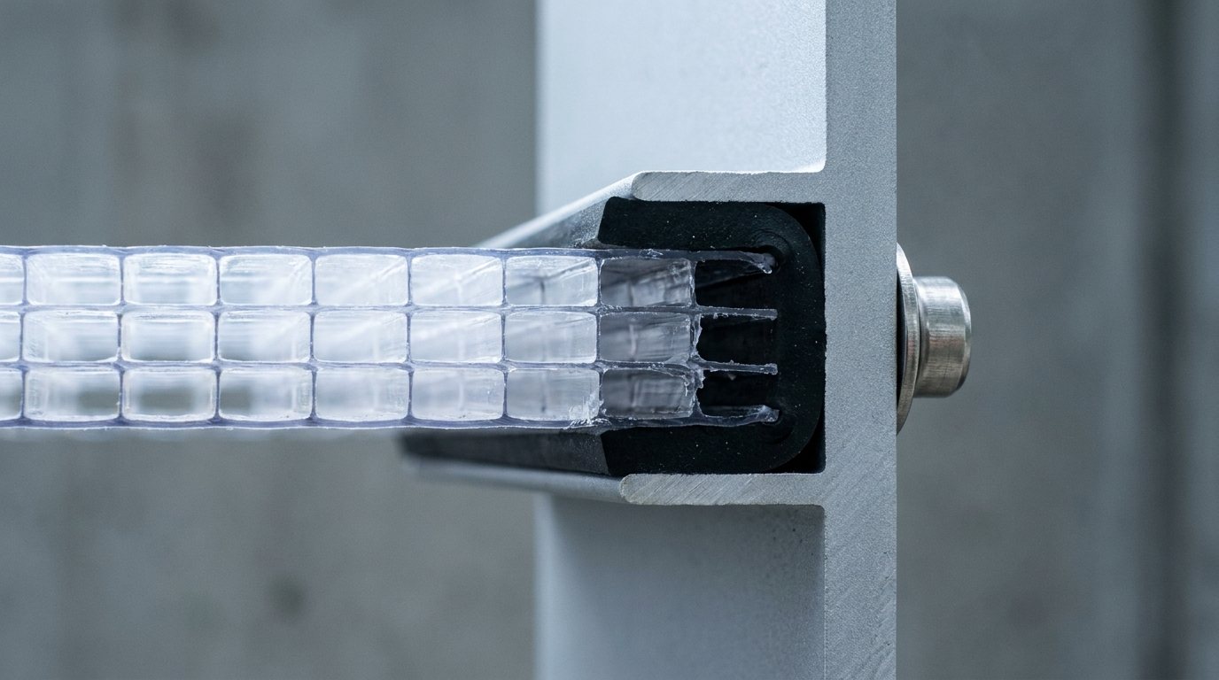 The cut edge of a multi-wall polycarbonate panel clamped into an aluminium beam