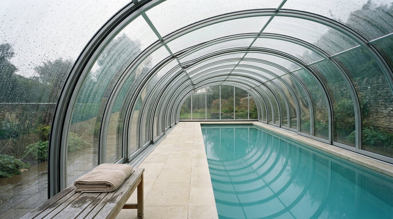 Looking down the inside of an arch enclosure with rain on the glazing